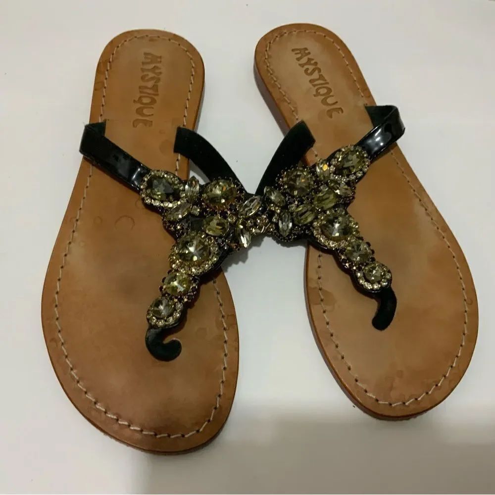 Mystique Womens Size 6 US Jeweled Crystal Rhinestones Brown Flip Flops Sandals